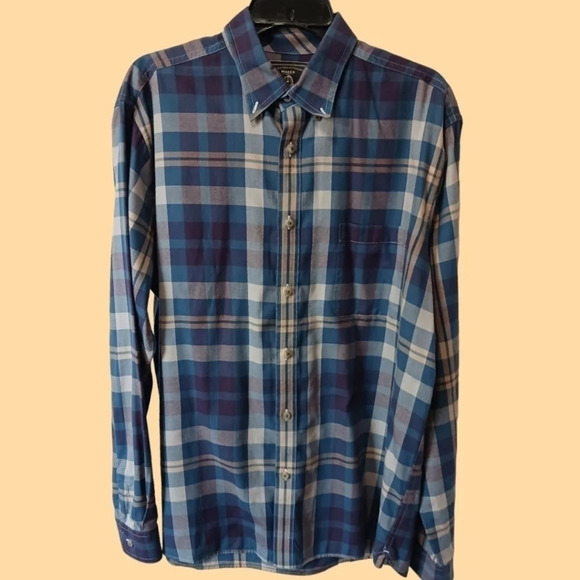 Maker & co button front shirt plaid mens size Large blue & beige color - Picture 1 of 12